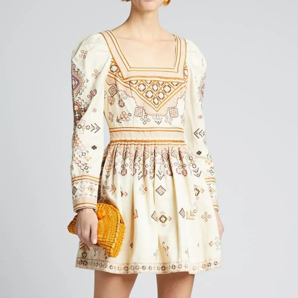Ulla Johnson Adilah Beaded Embroidered Cotton Linen Mini Dress Ochre size 0